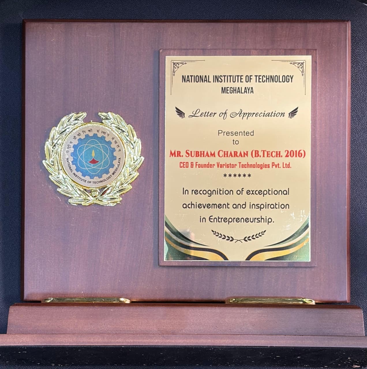 NIT Meghalaya Letter of Appreciation plaque presented to Mr. Subham Charan